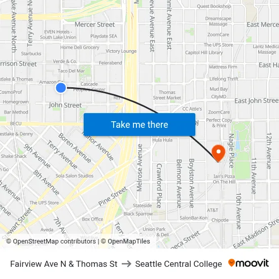 Fairview Ave N & Thomas St to Seattle Central College map