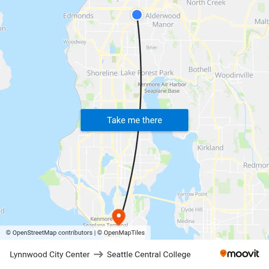 Lynnwood City Center to Seattle Central College map
