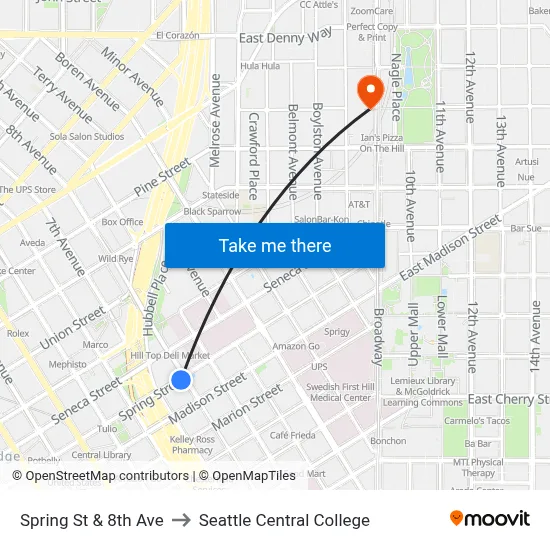 Spring St & 8th Ave to Seattle Central College map