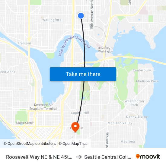 Roosevelt Way NE & NE 45th St to Seattle Central College map