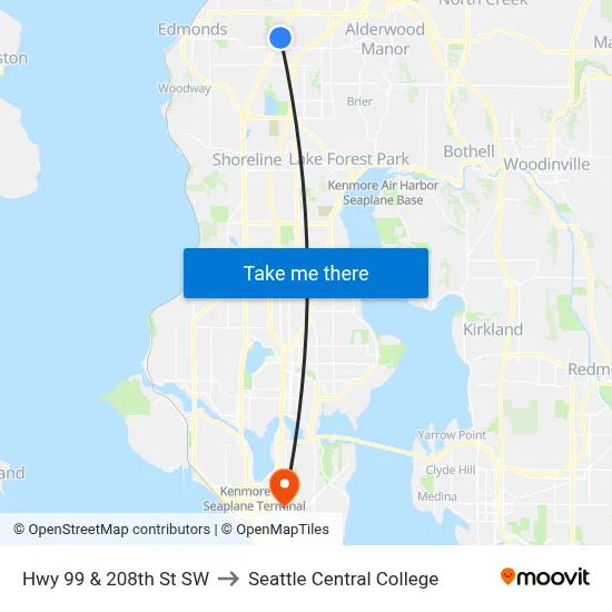 Hwy 99 & 208th St SW to Seattle Central College map