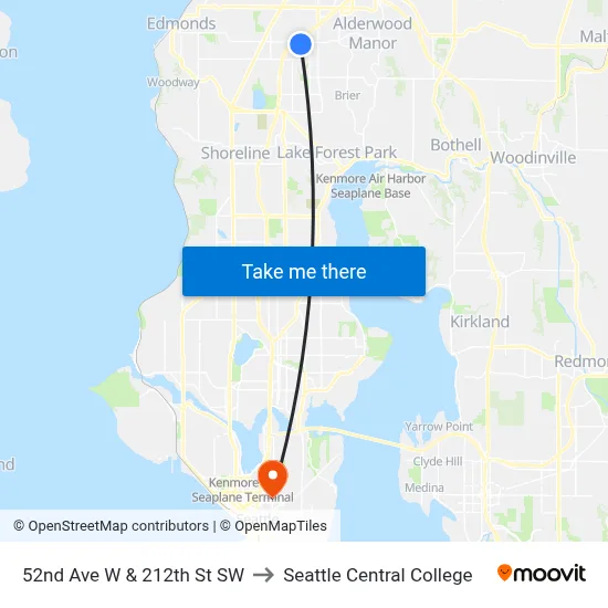 52nd Ave W & 212th St SW to Seattle Central College map
