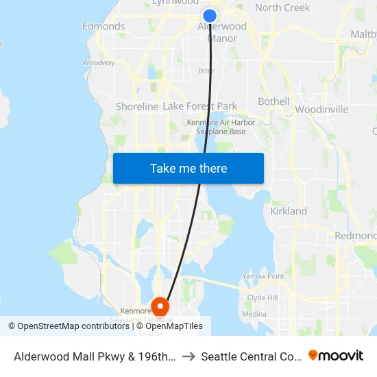 Alderwood Mall Pkwy & 196th St SW to Seattle Central College map