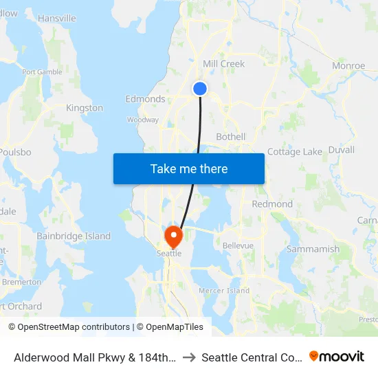 Alderwood Mall Pkwy & 184th St SW to Seattle Central College map