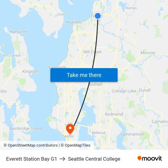 Everett Station Bay G1 to Seattle Central College map