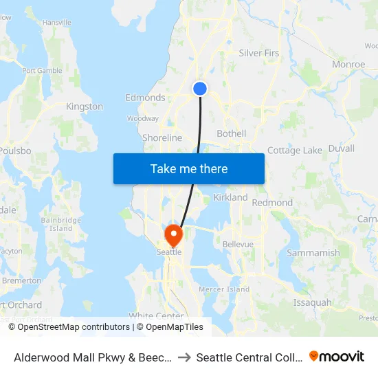 Alderwood Mall Pkwy & Beech Rd to Seattle Central College map