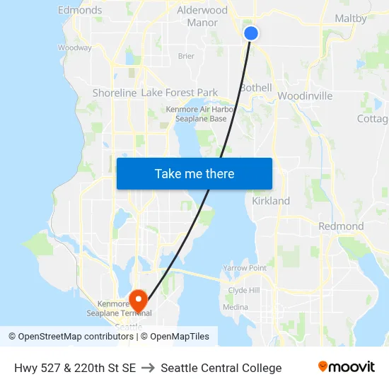 Hwy 527 & 220th St SE to Seattle Central College map