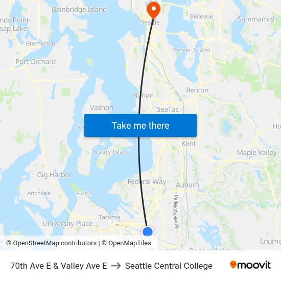 70th Ave E & Valley Ave E to Seattle Central College map