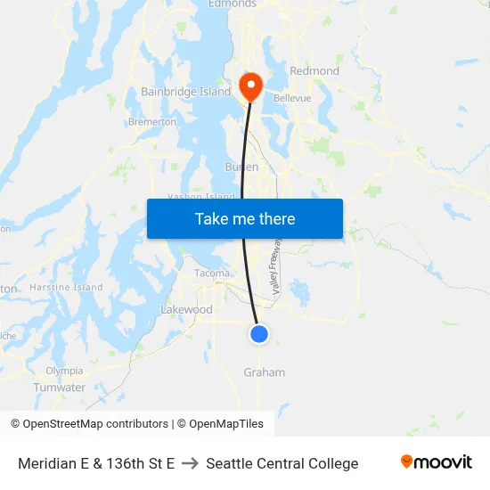 Meridian E & 136th St E to Seattle Central College map
