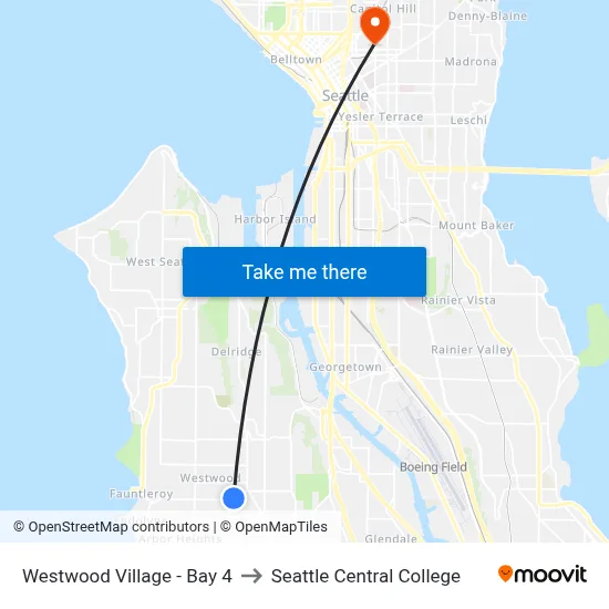 Westwood Village - Bay 4 to Seattle Central College map