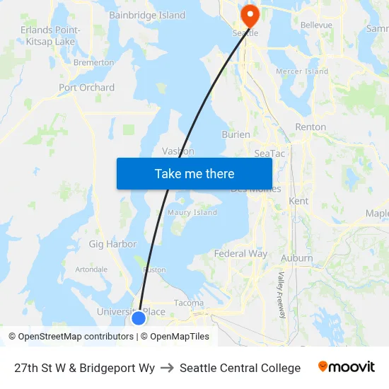27th St W & Bridgeport Wy to Seattle Central College map