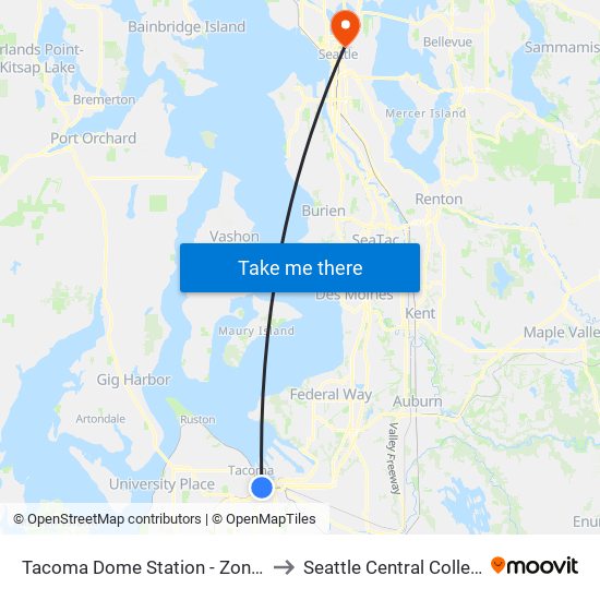 Tacoma Dome Station - Zone E to Seattle Central College map