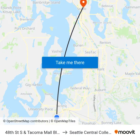 48th St S & Tacoma Mall Blvd to Seattle Central College map