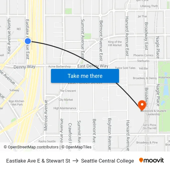 Eastlake Ave E & Stewart St to Seattle Central College map