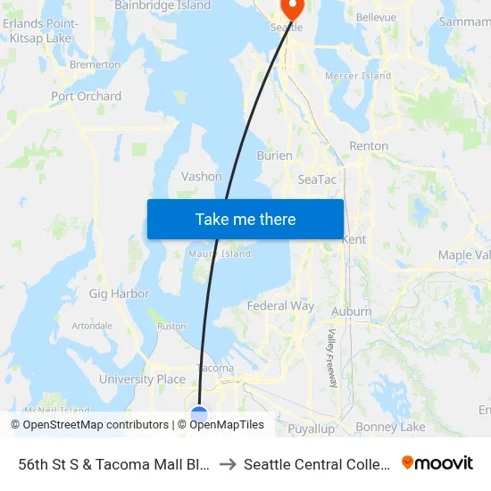 56th St S & Tacoma Mall Blvd to Seattle Central College map
