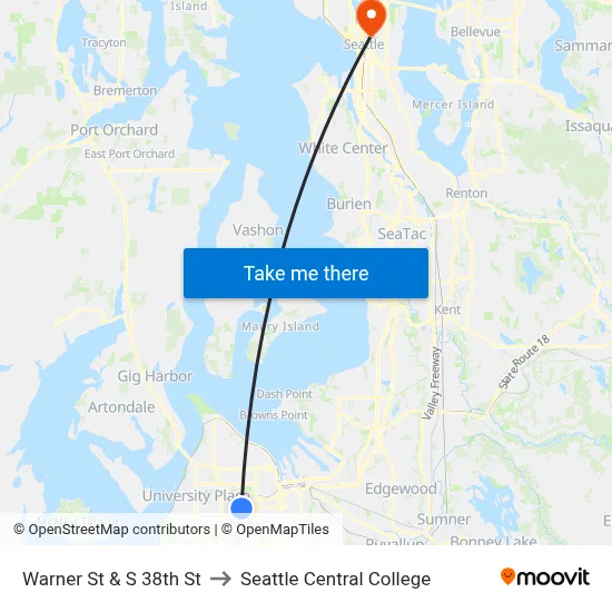 Warner St & S 38th St to Seattle Central College map