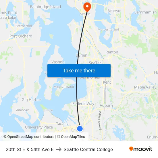 20th St E & 54th Ave E to Seattle Central College map