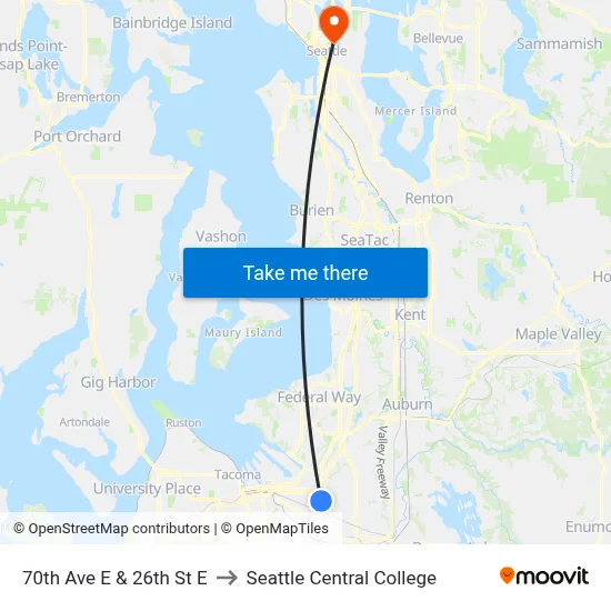 70th Ave E & 26th St E to Seattle Central College map