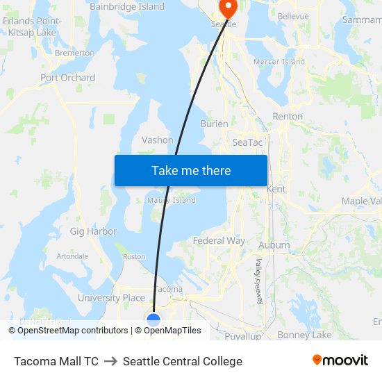 Tacoma Mall TC to Seattle Central College map