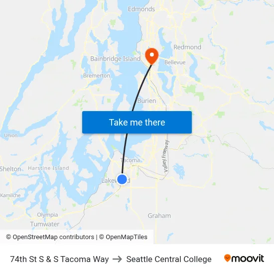 74th St S & S Tacoma Way to Seattle Central College map