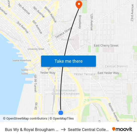 Bus Wy & Royal Brougham St to Seattle Central College map