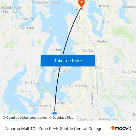 Tacoma Mall TC - Zone F to Seattle Central College map