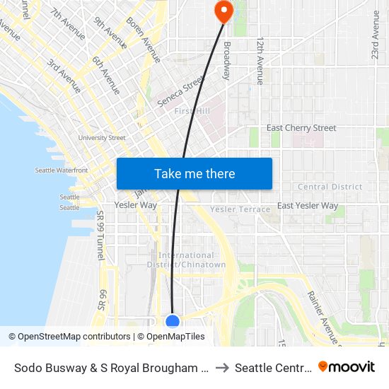 Sodo Busway & S Royal Brougham Way (Stadium Station) to Seattle Central College map