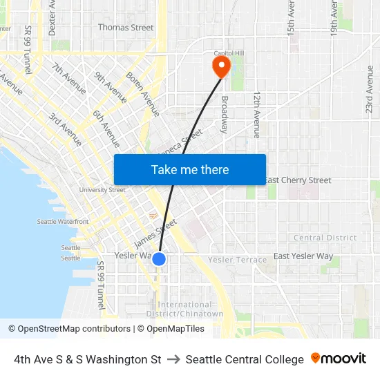 4th Ave S & S Washington St to Seattle Central College map