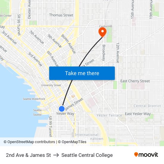 2nd Ave & James St to Seattle Central College map