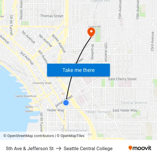 5th Ave & Jefferson St to Seattle Central College map