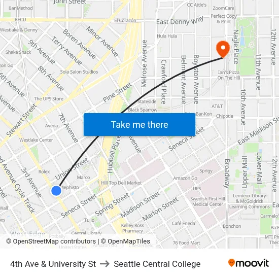 4th Ave & University St to Seattle Central College map