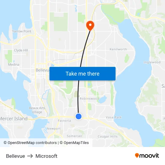 Bellevue to Microsoft map