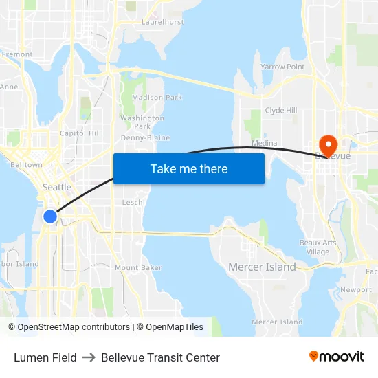 Lumen Field to Bellevue Transit Center map