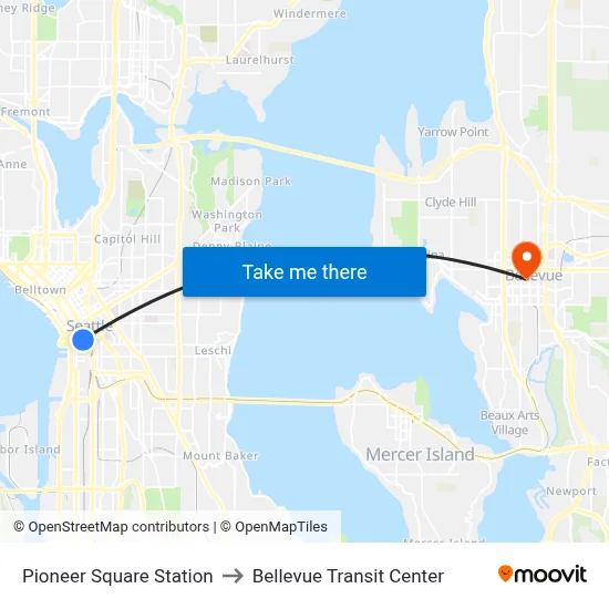 Pioneer Square Station to Bellevue Transit Center map