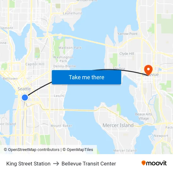 King Street Station to Bellevue Transit Center map