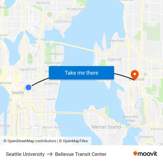 Seattle University to Bellevue Transit Center map