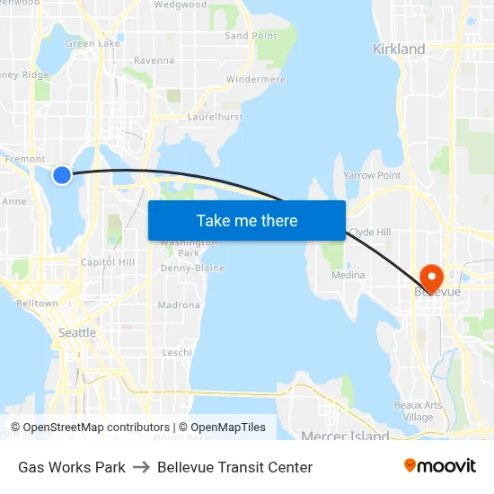 Gas Works Park to Bellevue Transit Center map