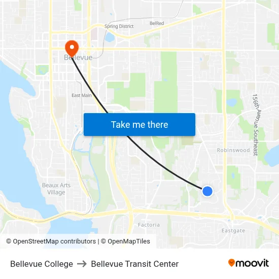 Bellevue College to Bellevue Transit Center map