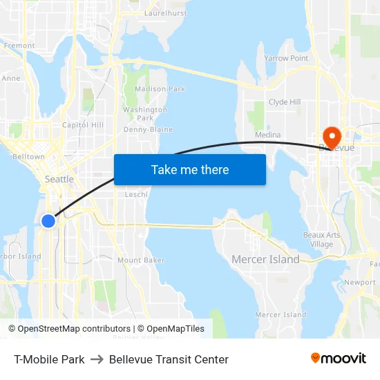 T-Mobile Park to Bellevue Transit Center map