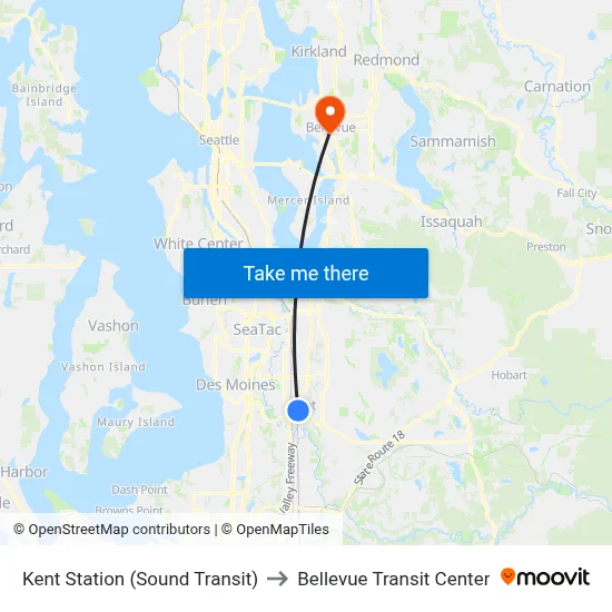 Kent Station (Sound Transit) to Bellevue Transit Center map