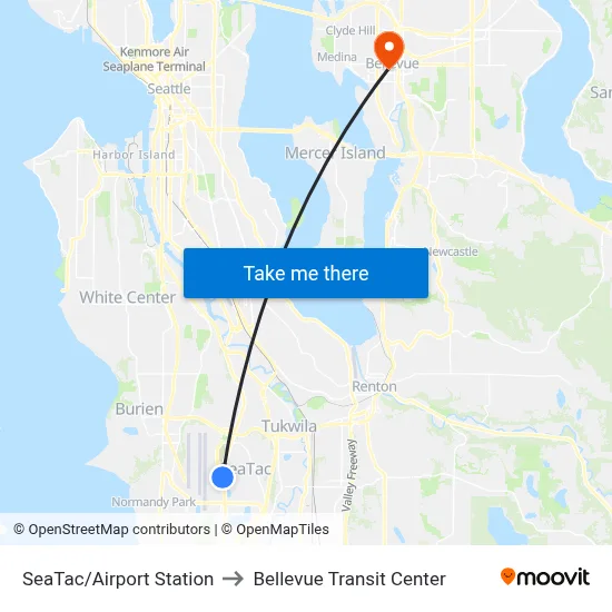 SeaTac/Airport Station to Bellevue Transit Center map