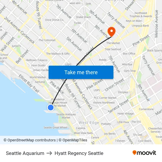 Seattle Aquarium to Hyatt Regency Seattle map