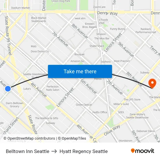 Belltown Inn Seattle to Hyatt Regency Seattle map