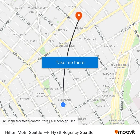 Hilton Motif Seattle to Hyatt Regency Seattle map