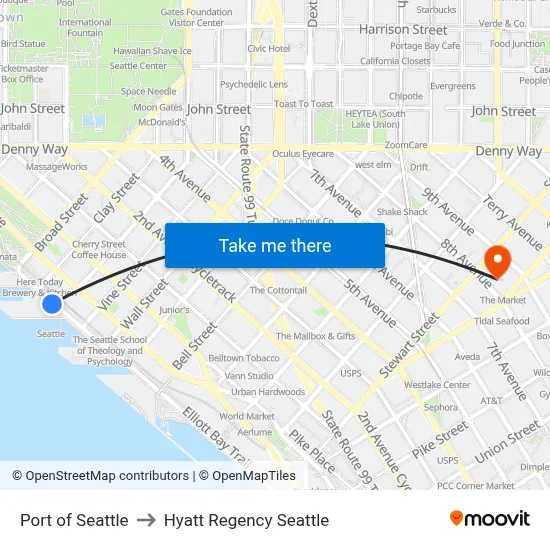 Port of Seattle to Hyatt Regency Seattle map