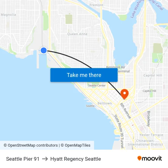 Seattle Pier 91 to Hyatt Regency Seattle map
