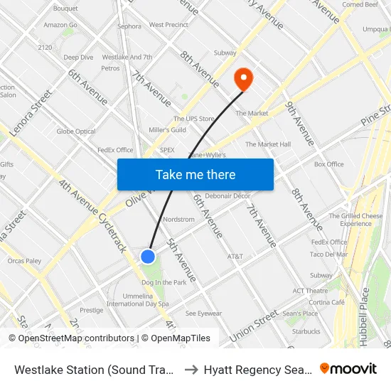 Westlake Station (Sound Transit) to Hyatt Regency Seattle map