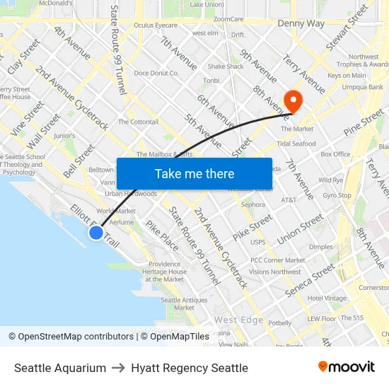 Seattle Aquarium to Hyatt Regency Seattle map