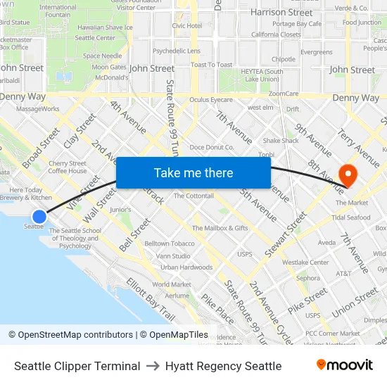 Seattle Clipper Terminal to Hyatt Regency Seattle map
