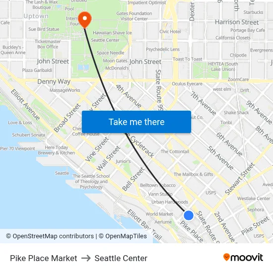 Pike Place Market to Seattle Center map